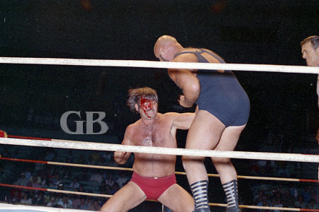 A bloody Ed Francis delivers a blow to Vachon's midsection.