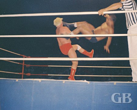 Luther Lindsay delivers his signature drop kick on Don Duffy.
