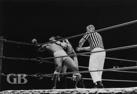 Johnny Barend works over Chief Billy White Wolf in the corner.