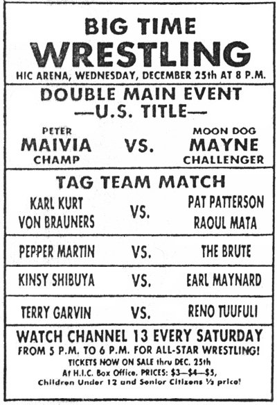 Wrestling card promoting Saturday television show on channel 13